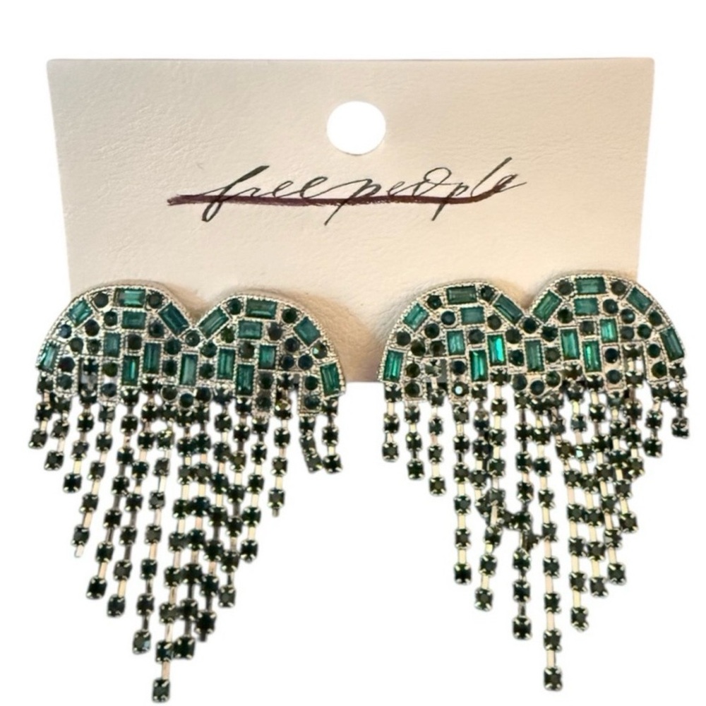 Free People Hearts On Fire Dangle Emerald Fringe Bling Earrings